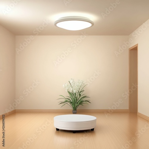 A cozy living room with soft lighting, modern furniture, and elegant decor. A warm lamp glows beside lush green plants against a beautifully textured wall