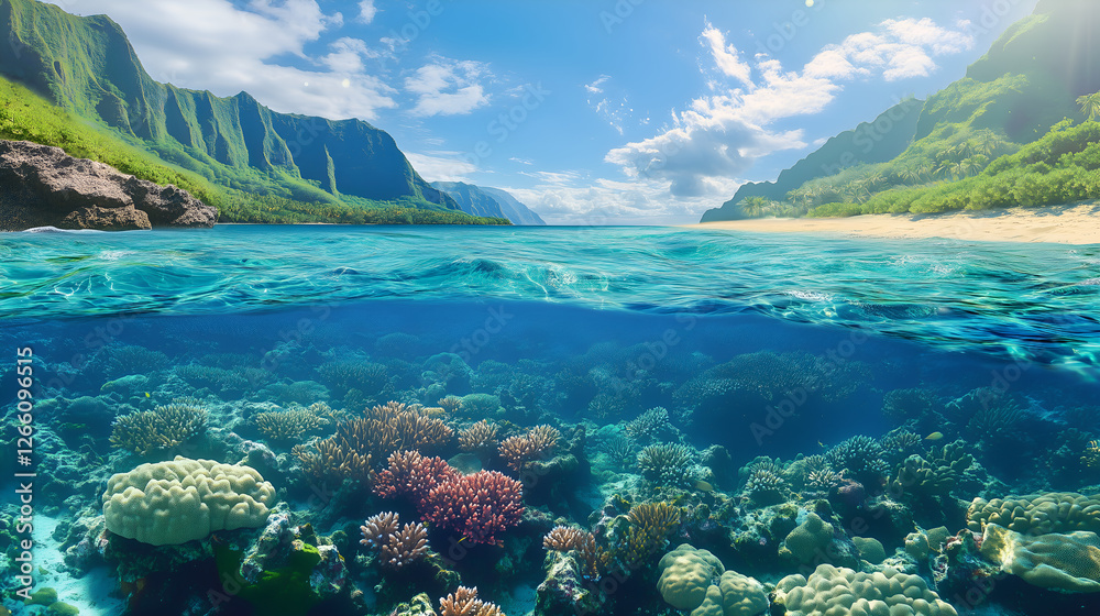 Naklejka premium Aerial view of a coral reef with vibrant marine life and turquoise waters