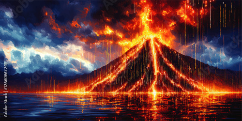 Spectacular Vector Art of Erupting Volcano with Fiery Lava Streams Under Dramatic Skies Reflecting in Ocean Waters - Perfect Abstract Landscape Visual