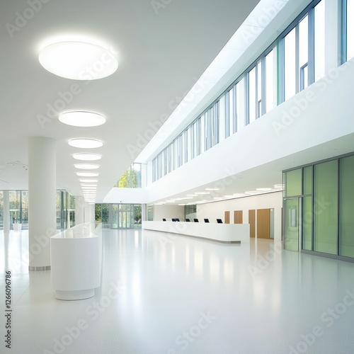 A modern interior with high ceilings, large windows, and soft lighting. Smooth walls and a sleek roof create an open, airy architectural feel