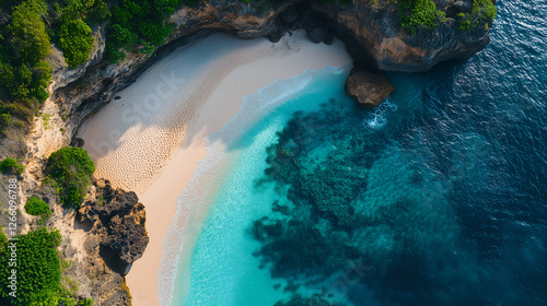 Aerial view of a crescent-shaped beach with turquoise waters and coral formations