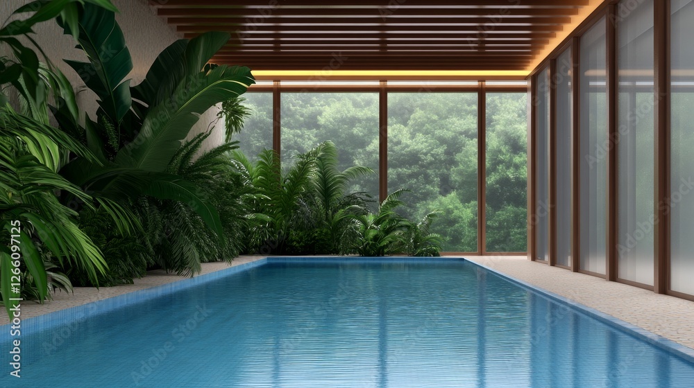 Fototapeta premium Serene indoor swimming pool surrounded by lush greenery and large windows showcasing nature