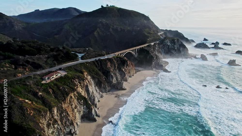 Aerial View of Bixby Bridge Rocky Creek Bridge in Big Sur California Overlooking the Pacific Ocean
