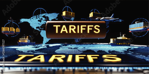 Global Trade Tariffs Impact with Logistics Icons Vector: Ships, Cargo, and Airplanes on Digital World Map Highlighting Economic Import Export Dynamics
