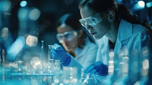 Advanced scientific lab, two researchers analyzing chemicals in a flask, discussing findings, medical research, biotechnology, molecular biology