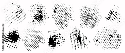 Set of paint stains as mesh black ink print with smudged rough edges. Vector texture brushes for creative collage style design for chaotic, rough, uneven, abstract elements.