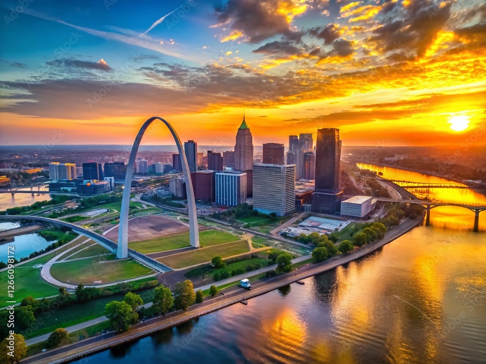 Obraz premium St. Louis Sunrise Panorama: Aerial Gateway Arch Cityscape