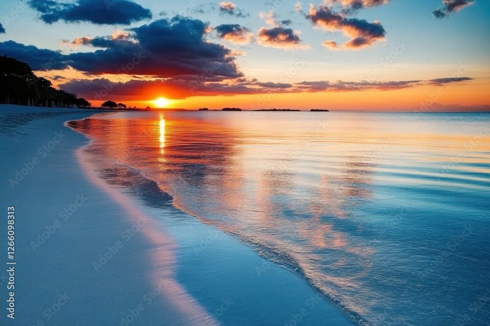 Fototapeta premium Warm colors fill the sky as the sun sets over the tranquil ocean, casting vibrant reflections on the smooth, wet sand