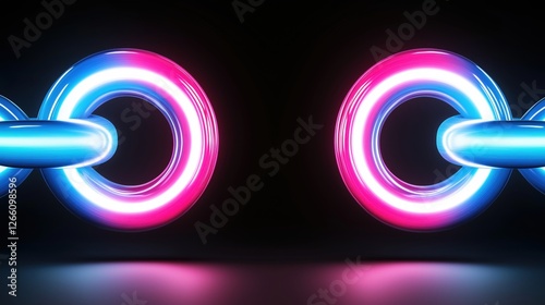 Futuristic neon linkage vibrant interconnected rings in electric blue and pink against a dark backdrop