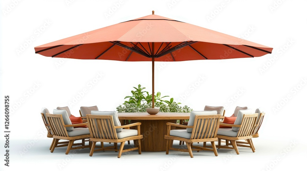 Fototapeta premium Circular wooden outdoor dining table with soft grey chairs and pastel pink umbrella