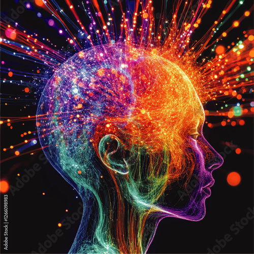 Vibrant Neural Network Artistry: Explosive Colorful Human Brain Vector Illustration Depicting Abstract Neural Connections and Synaptic Pathways in Technicolor