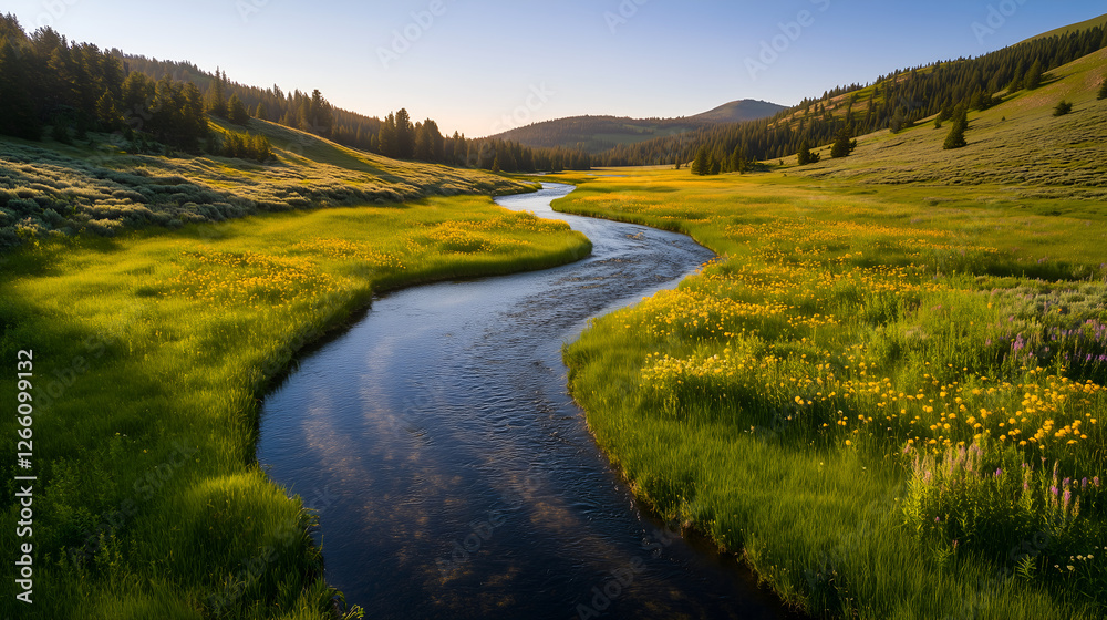Abstract patterns in winding river through springtime meadow from drone view