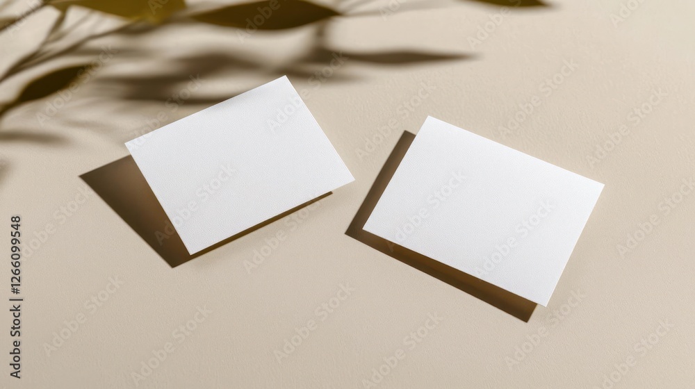 Two Blank White Textured Business Cards Mockup On Beige Background With Leaf Shadow Two Blank White Textured Business Cards Mockup On Beige Background With Leaf Shadow