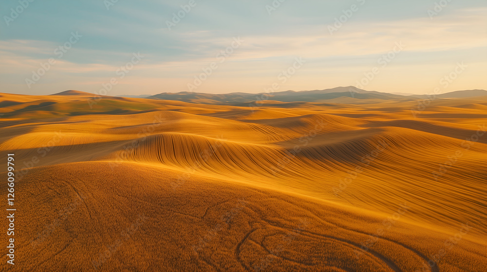 Fototapeta premium Golden wheat fields with abstract irrigation patterns from drone view