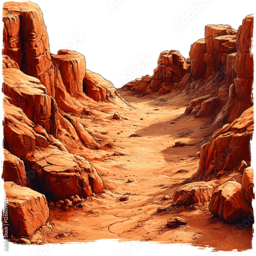 Scenic Desert Canyon Vector Art with Rugged Red Rock Formations and Textured Sandy Path - Stunning Nature Landscape Illustration for Design Projects