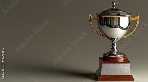 Polished Silver Trophy on Wood Base Against Neutral Background