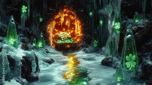 Enchanting Ice Cave Treasure Vector: Gleaming Gold, Mystical Green Crystals, Luminous Shamrocks, and Magical Reflections in a Fantasy Underground Scene