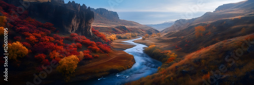 Abstract patterns in winding river through autumn canyon from aerial view