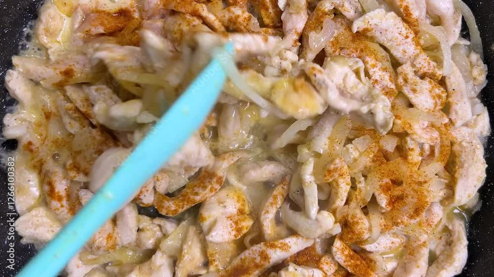 Chicken breast pieces are stewed with spices in a frying pan on the stove. Top view. Chicken breast pieces are stewed with spices in a frying pan on the stove. Top view.