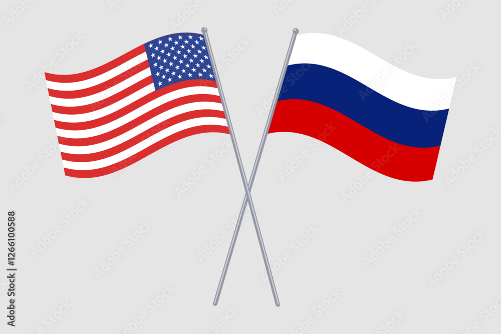 Obraz premium Flags of Russia and the USA, symbolizing relations and negotiations between the two countries.