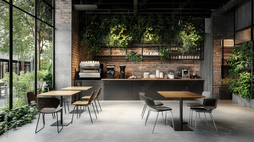 Fototapeta premium A trendy loft cafe with metal-framed furniture, brick walls, and a modern minimalist vibe.