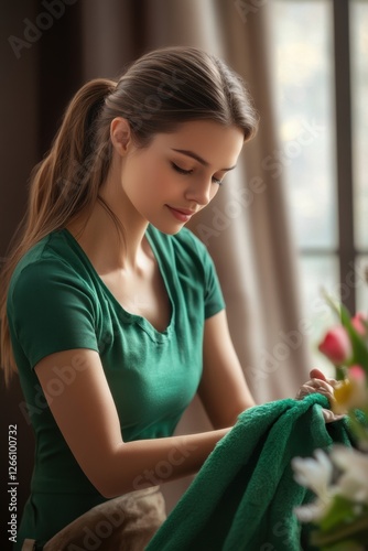 Housewife doing house cleaning during spring cleaning.