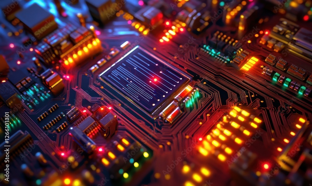 Abstract digital rendering of glowing circuitry in vibrant neon colors, futuristic high-tech design with clean lines and soft reflections, sharp and dynamic