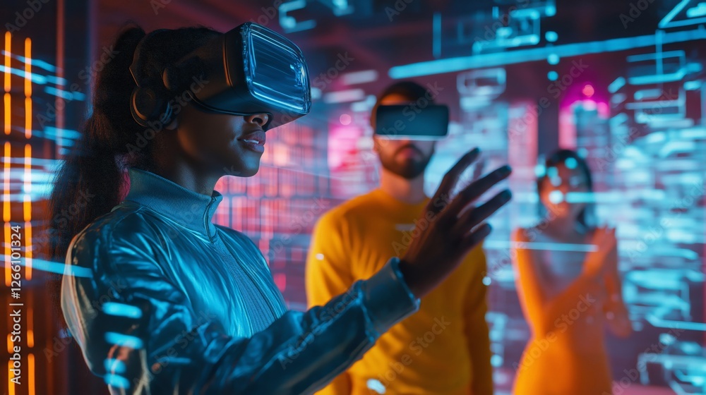 African American Woman Exploring Virtual Reality with VR Headset in a Futuristic Neon Environment for Technology, Gaming, and Innovation Concepts African American Woman Exploring Virtual Reality with VR Headset in a Futuristic Neon Environment for Technology, Gaming, and Innovation Concepts