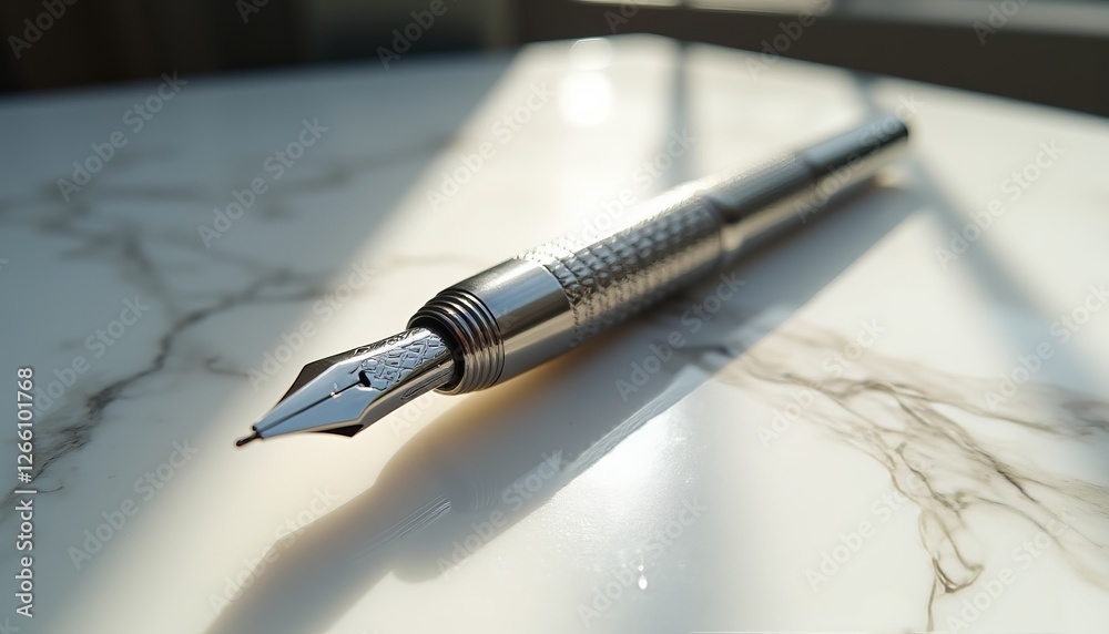 Naklejka premium Shimmering fountain pen resting on a marble surface in soft sunlight