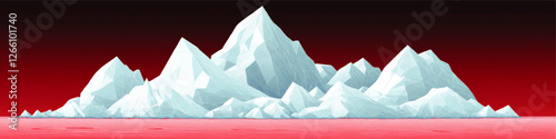 Stunning Vector Image of Glacial Iceberg Landscape with Dramatic Red Background and Water Reflection: Abstract Art and Nature Illustration for Design Inspiration