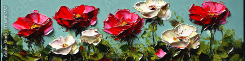 Vibrant Red and White Roses in Lush Greenery Vector Art with Palette Knife Technique on Teal Background | Floral Digital Landscape Wall Art Decor