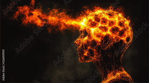 Fiery Human Head Vector Art: Explosive Concept of Burning Mindset, Brain Power, Intense Visualization, Dark Abstract Fire Illumination, Creative Design Flame Graphics