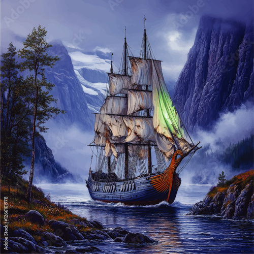Mystical Viking Ship Sailing through Misty Scandinavian Fjord Landscape with Snowy Mountains Twilight Atmosphere Vector Art Illustration