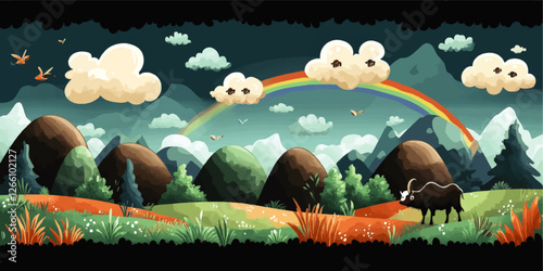 Vibrant Mountain Landscape Vector Illustration with Yak, Rainbow, Birds, Greenery, and Puffy Clouds - Perfect for Nature and Wildlife Art Enthusiasts