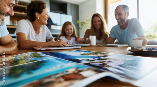 A family smiles and shares laughter while looking through a vacation photo album, surrounded by warmth and joy in their living space