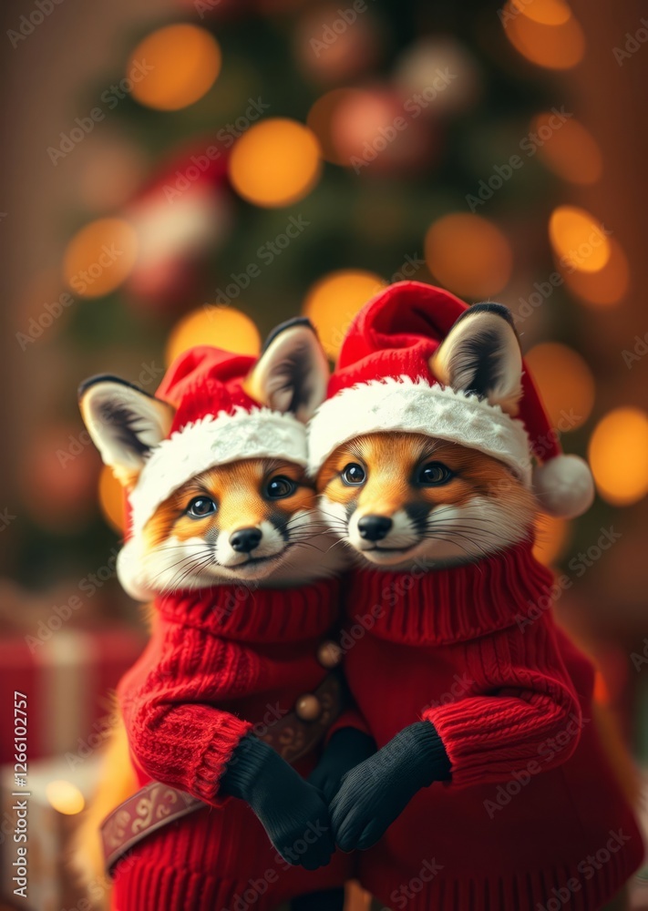 Two cute foxes in red santa hats and sweaters pose against a warm festive bokeh background evoking the holiday spirit and the joy of christmas gatherings bokeh red bokeh abstract background glow desig Two cute foxes in red santa hats and sweaters pose against a warm festive bokeh background evoking the holiday spirit and the joy of christmas gatherings bokeh red bokeh abstract background glow desig