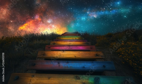 Capture the essence of a multicolored pathway stretching to the starlit heavens from a unique lower angle viewpoint photo