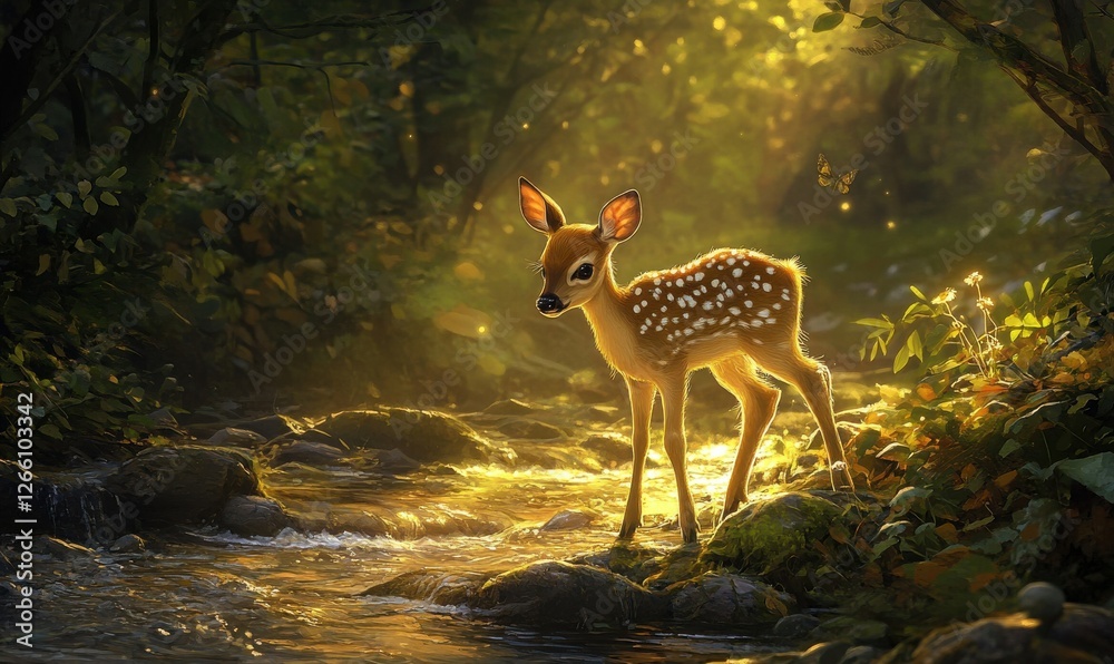 At daybreak, a fawn stands by a serene forest stream, bathed in sunlight amidst nature. At daybreak, a fawn stands by a serene forest stream, bathed in sunlight amidst nature.