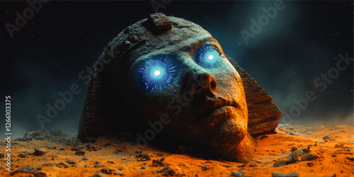 Mysterious Sci-Fi Digital Artwork: Ancient Sphinx with Glowing Cybernetic Eyes in Futuristic Desert Night Sky | AI-Enhanced Fantasy Illustration