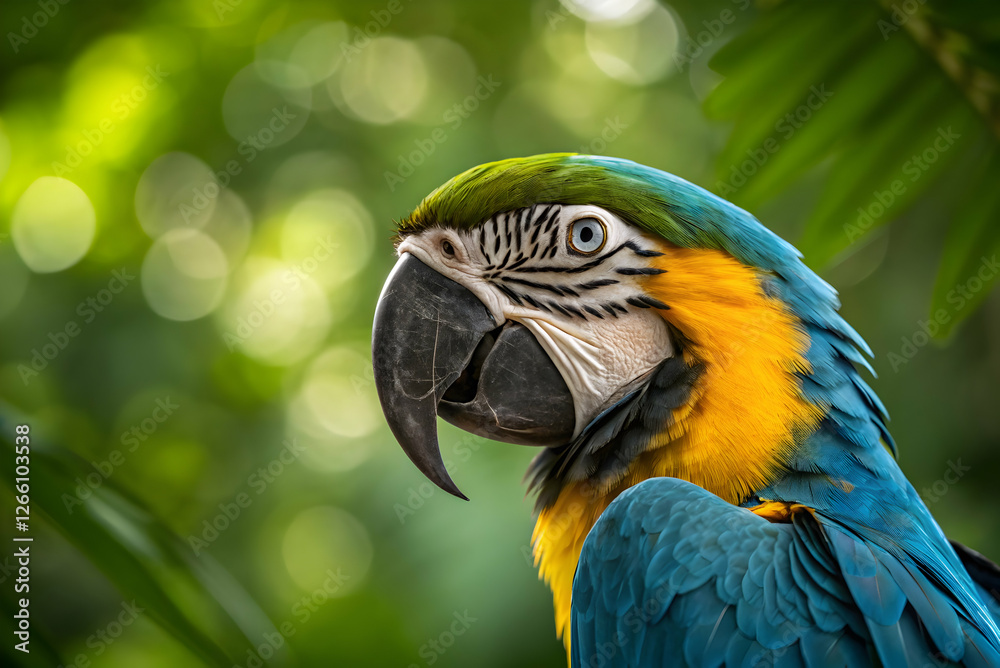 Close up of a blue and gold guacamaya, vibrant parrot with intense gaze and curved beak in soft green jungle background 
