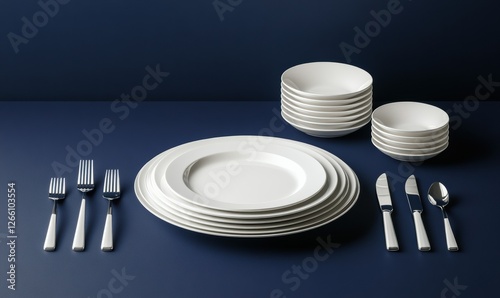 Clean white plates and silverware arranged neatly on a deep blue background, minimalistic style with high contrast perfect for dining presentation