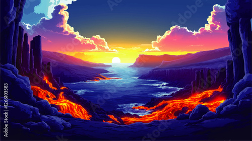 Captivating Vector Art of Sunset Over Ocean with Dramatic Volcanic Landscape, Flowing Lava Rivers, Vibrant Skies, and Majestic Rock Formations