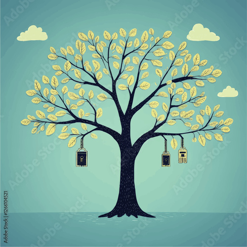 Enchanting Vector Tree Illustration with Yellow Leaves and Hanging Key Locks on Blue Sky Background for Creative and Modern Design Inspirations