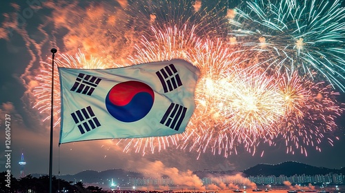 Celebratory fireworks display over the skyline with the South Korean flag waving at night in Seoul
