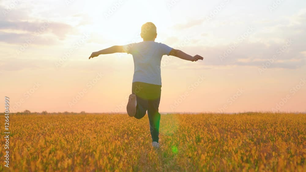 Child boy runs on field on grass at sun. Dream of child to fly, arms like airplane wings. Childhood dream concept. Healthy little child plays at sunset. Kid runs across field. Happy family concept Child boy runs on field on grass at sun. Dream of child to fly, arms like airplane wings. Childhood dream concept. Healthy little child plays at sunset. Kid runs across field. Happy family concept