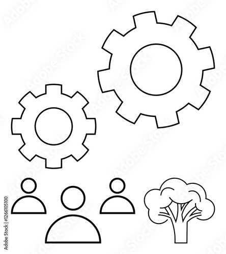 Two interconnected gears, three human icons, and a tree symbolizing teamwork, sustainability, and innovation. Ideal for business, teamwork, ecology, process management community growth abstract