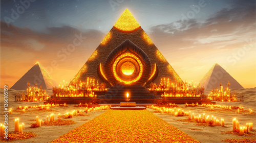Mystical Pyramids with Glowing Portal Surrounded by Candlelit Pathway in a Desert Sunset - Majestic Scene of Ancient Architecture and Illuminated Decor
