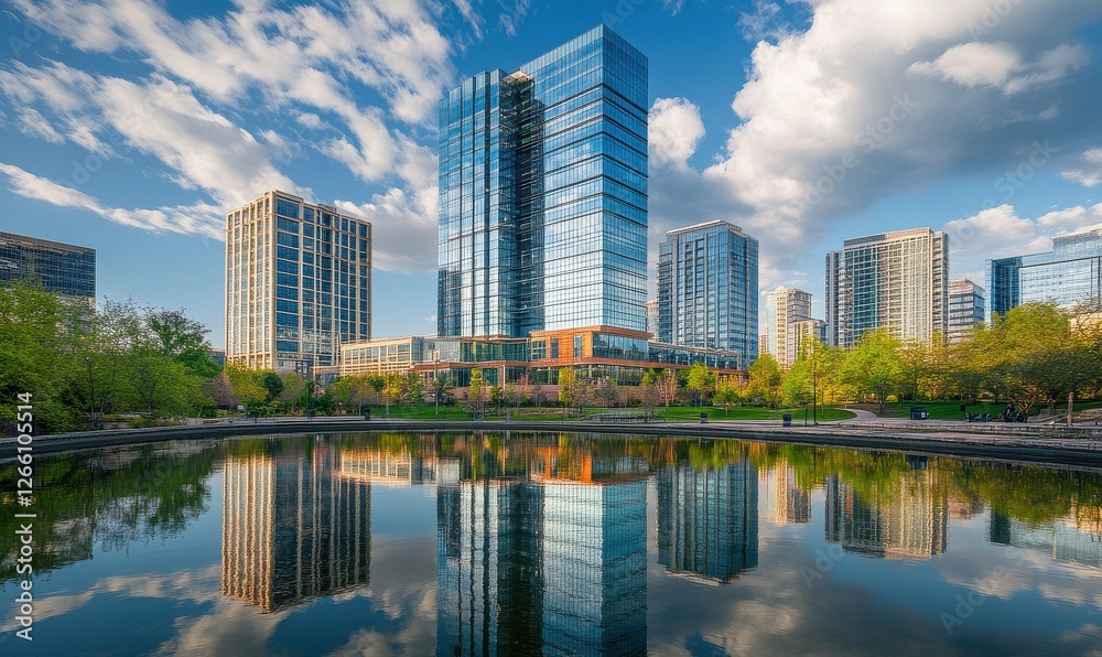 Fototapeta premium Reflective skyscrapers, business office buildings.