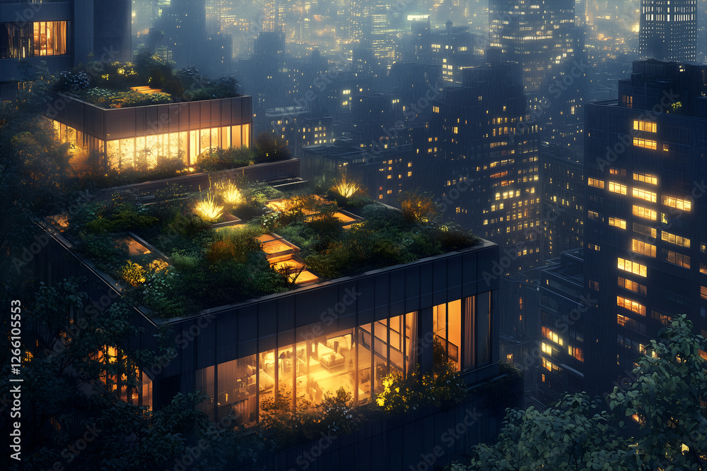 Obraz premium Aerial view of nighttime city with glowing rooftop gardens and skylights
