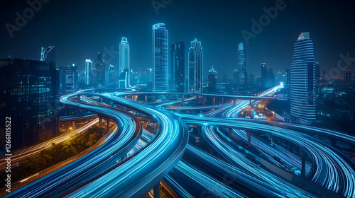 Aerial view of futuristic city with glowing blue highways and skyscrapers